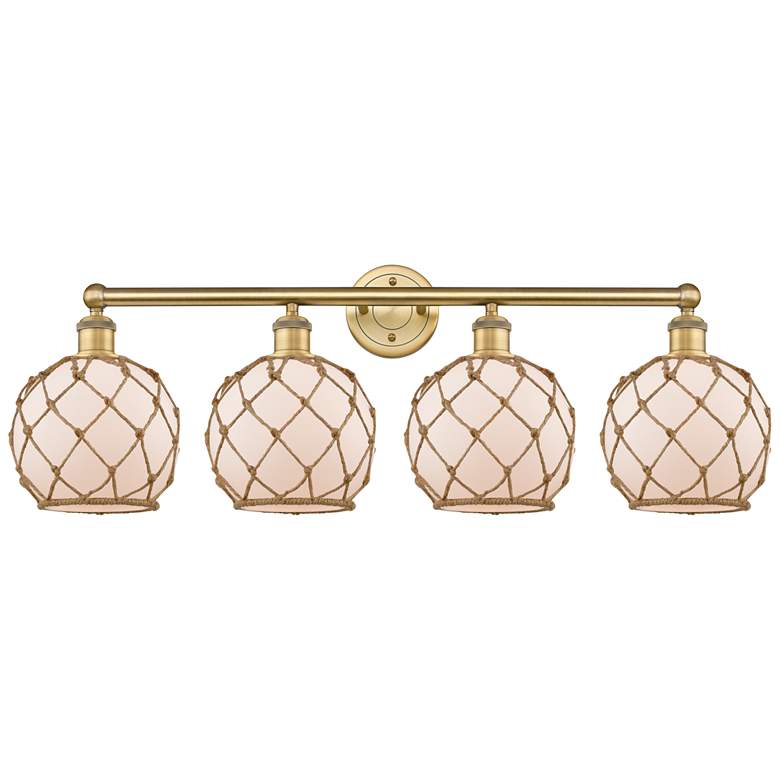 Image 1 Edison Farmhouse 35"W 4-Lt Brushed Brass Vanity w/ White Brown Shade