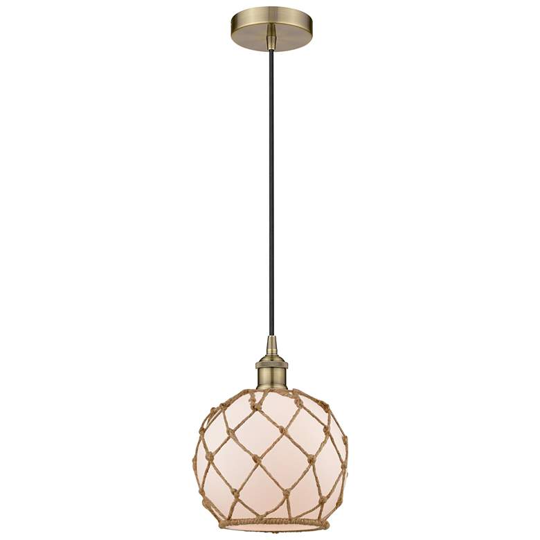 Image 1 Edison Farmhouse 8" Brass Corded Mini Pendant w/ White & Brown Rop