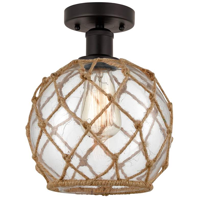 Image 1 Edison Farmhouse 8" Bronze Semi Flush w/ Clear & Brown Rope Shade