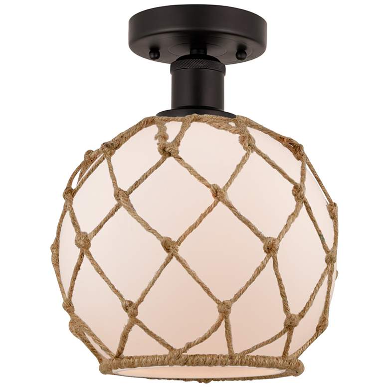 Image 1 Edison Farmhouse 8" Bronze Semi Flush w/ White & Brown Rope Shade
