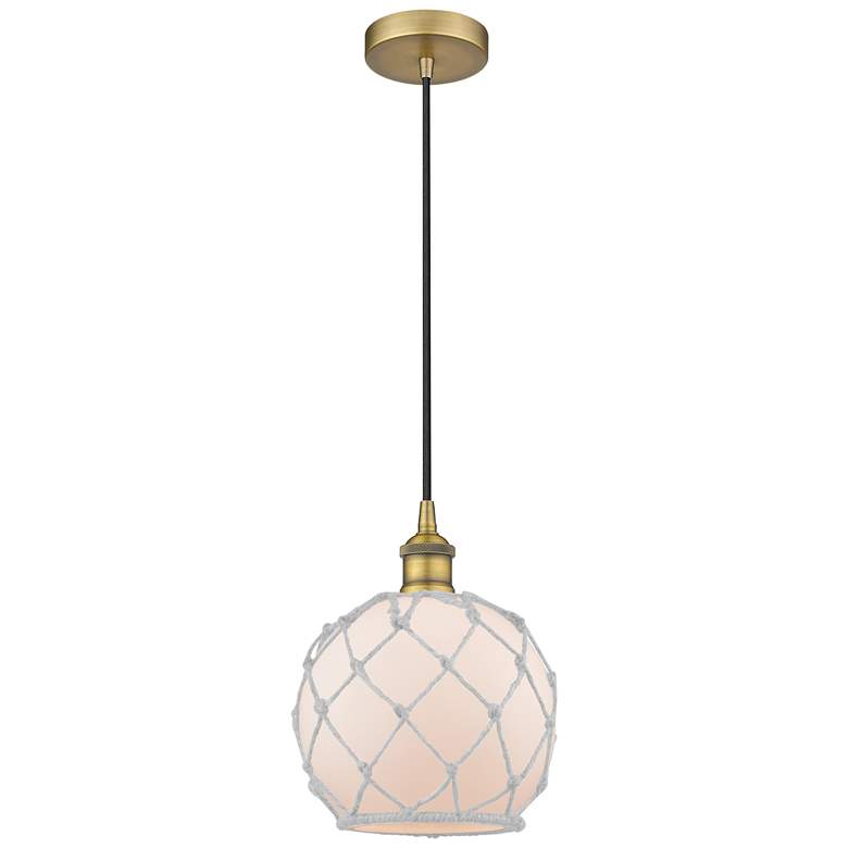 Image 1 Edison Farmhouse 8" Brushed Brass Corded Mini Pendant w/ White Rope Sh