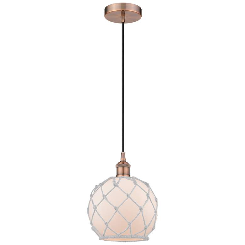 Image 1 Edison Farmhouse 8" Copper Corded Mini Pendant w/ White Rope Shade