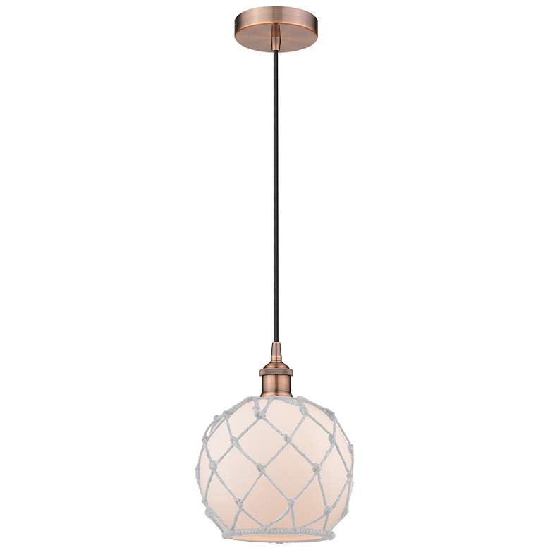 Image 1 Edison Farmhouse 8 inch Copper Corded Mini Pendant w/ White Rope Shade