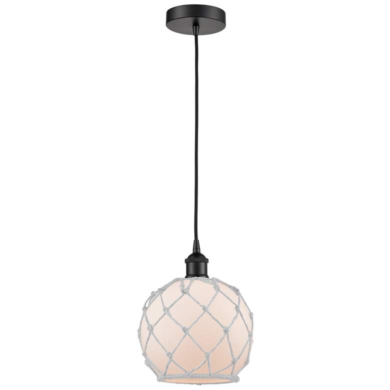 Image 1 Edison Farmhouse 8" Matte Black Corded Mini Pendant w/ White Rope Shad