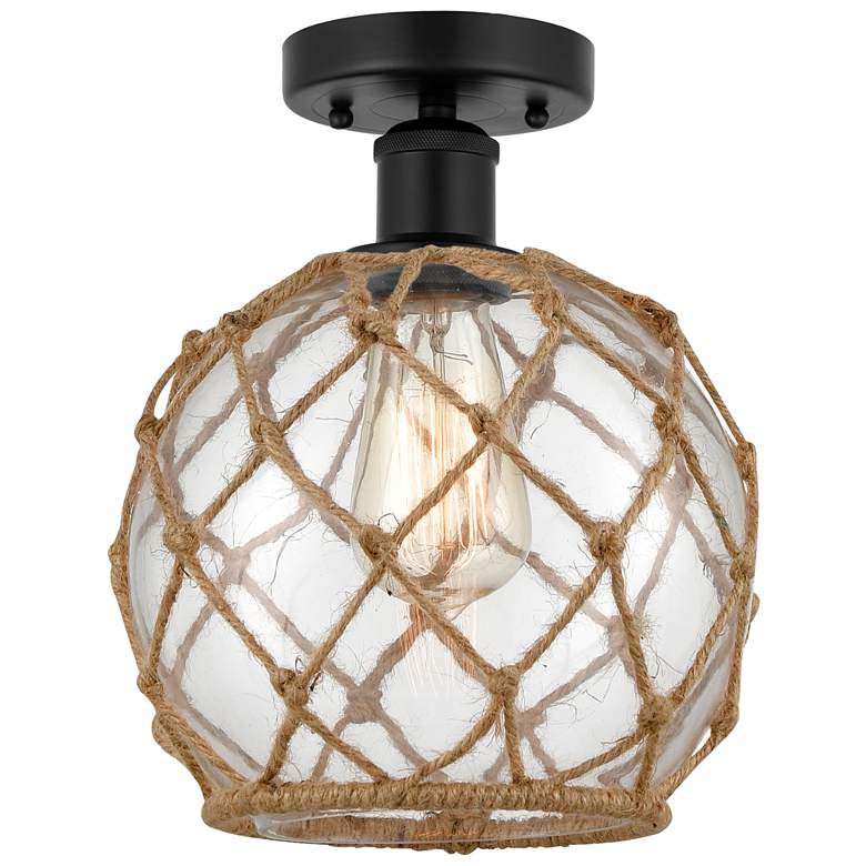Image 1 Edison Farmhouse 8" Matte Black Semi Flush w/ Clear & Brown Rope S