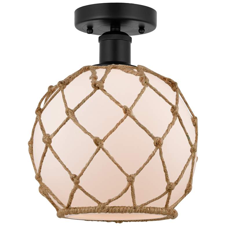 Image 1 Edison Farmhouse 8" Matte Black Semi Flush w/ White & Brown Rope S