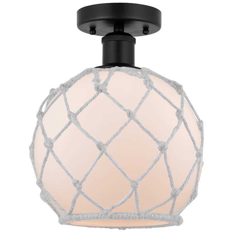 Image 1 Edison Farmhouse 8" Matte Black Semi Flush w/ White Rope Shade