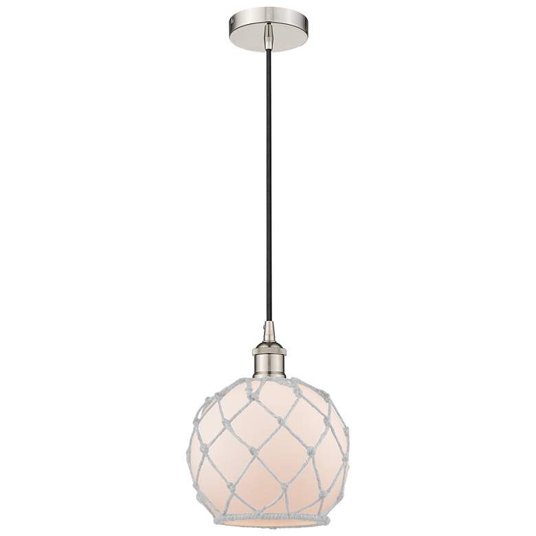 Image 1 Edison Farmhouse 8" Polished Nickel Corded Mini Pendant w/ White Rope