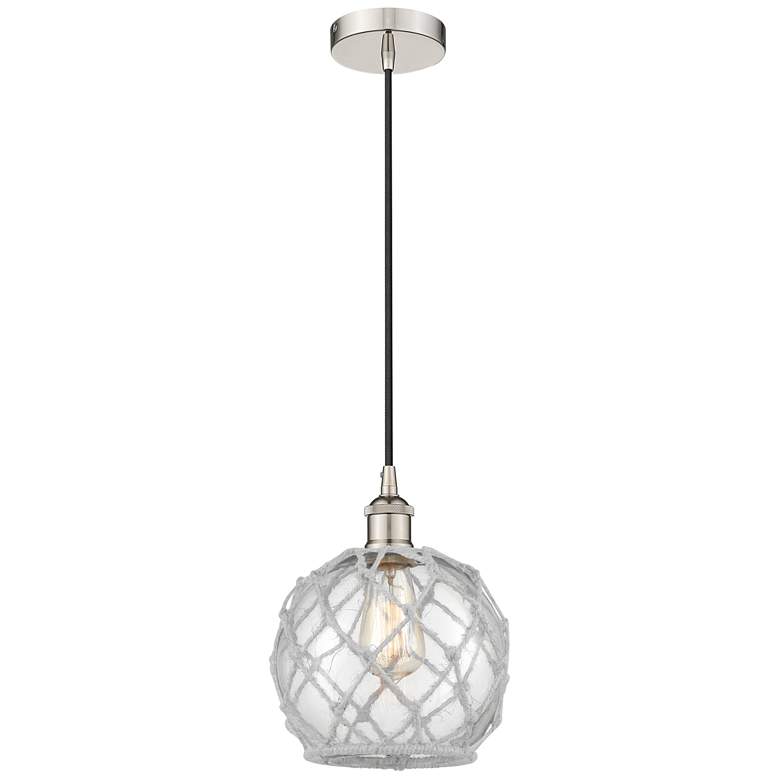 Image 1 Edison Farmhouse 8" Polished Nickel Corded Pendant w/ Clear & Whit