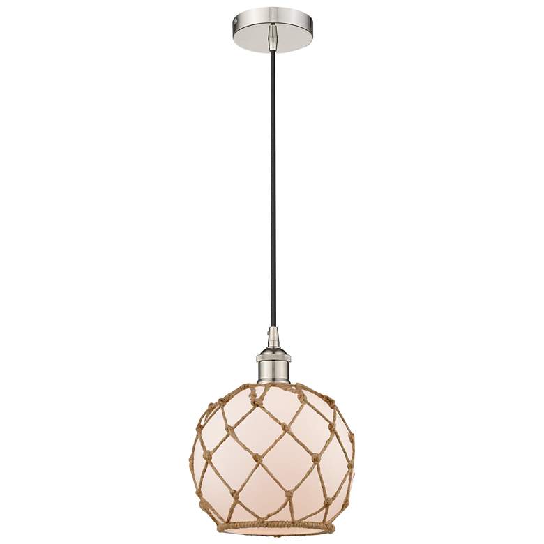 Image 1 Edison Farmhouse 8" Polished Nickel Corded Pendant w/ White & Brow