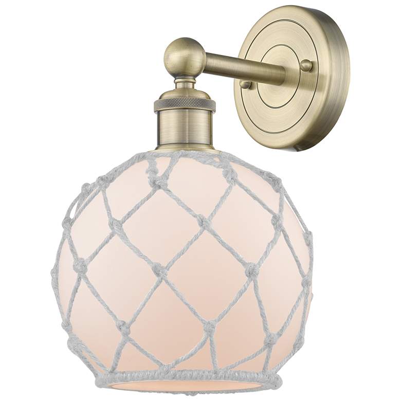 Image 1 Edison Farmhouse Rope 12"H Antique Brass Sconce With White Glass Shade
