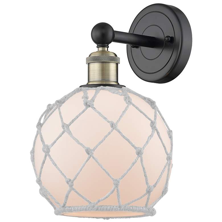 Image 1 Edison Farmhouse Rope 12"H Black And Brass Sconce w/ White Glass Shade