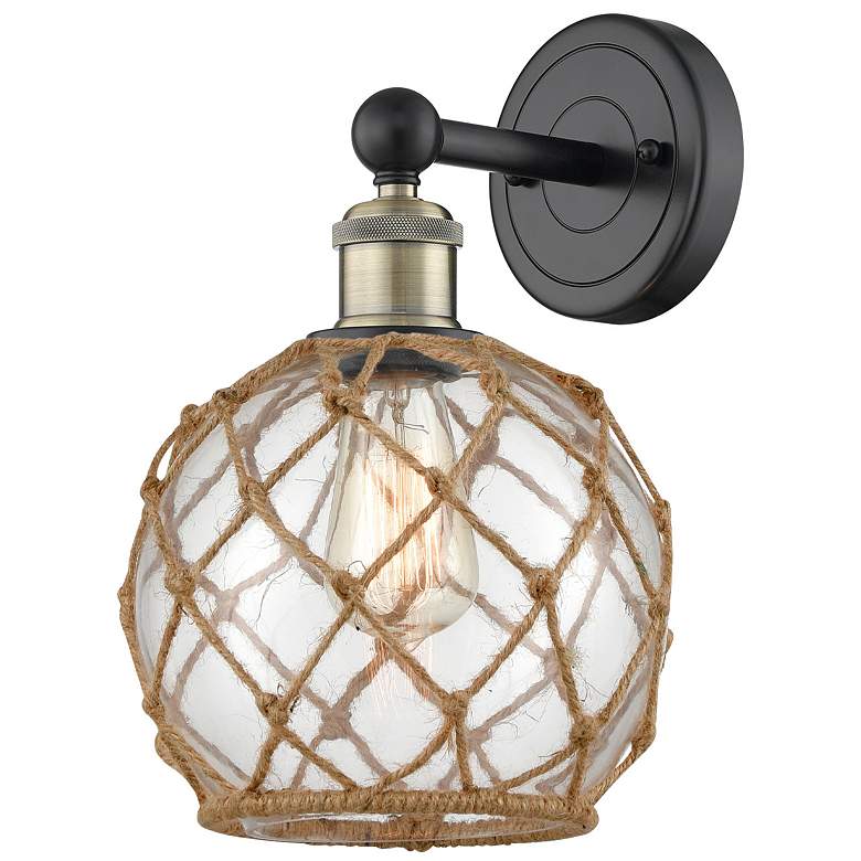 Image 1 Edison Farmhouse Rope 12"H Black Brass Sconce w/ Clear Brown Shade