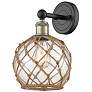 1_Edison Farmhouse Rope 12"H Black Brass Sconce w/ Clear Brown Shade
