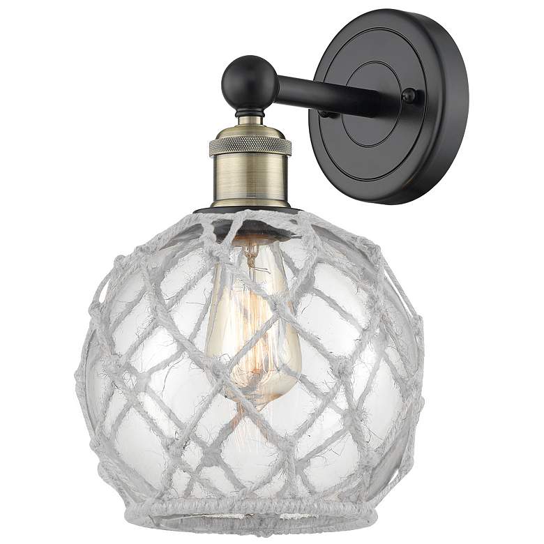 Image 1 Edison Farmhouse Rope 12"H Black Brass Sconce w/ Clear White Shade
