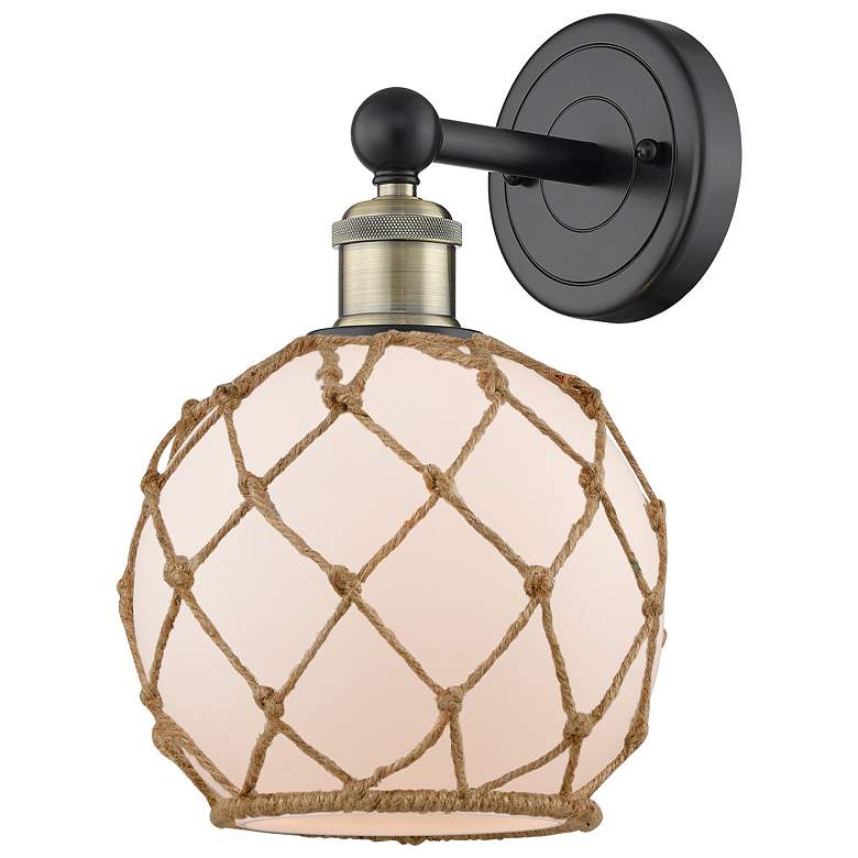 Image 1 Edison Farmhouse Rope 12"H Black Brass Sconce w/ White Brown Shade