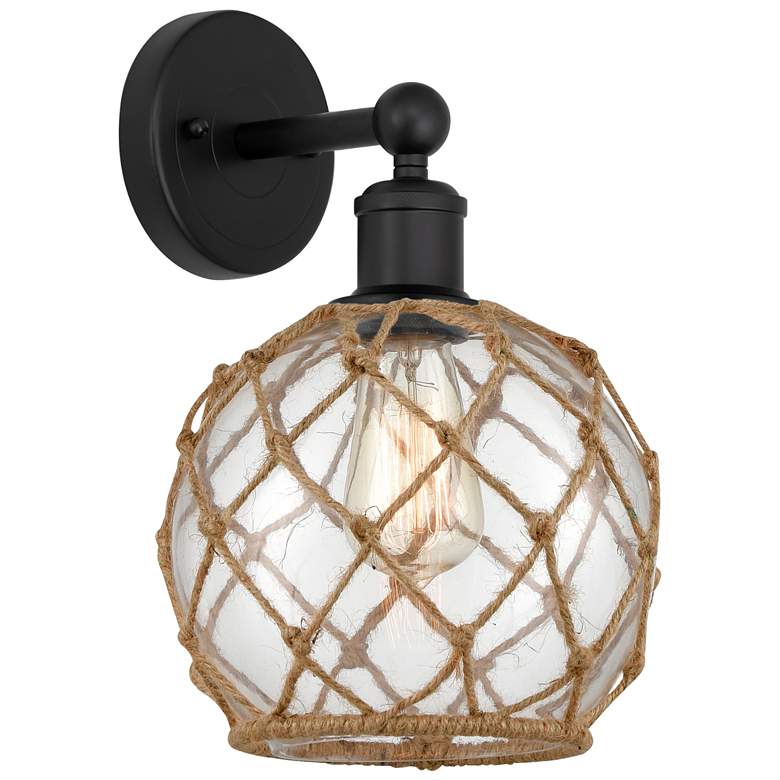 Image 1 Edison Farmhouse Rope 12"H Black Sconce w/ Clear Glass Brown Shade