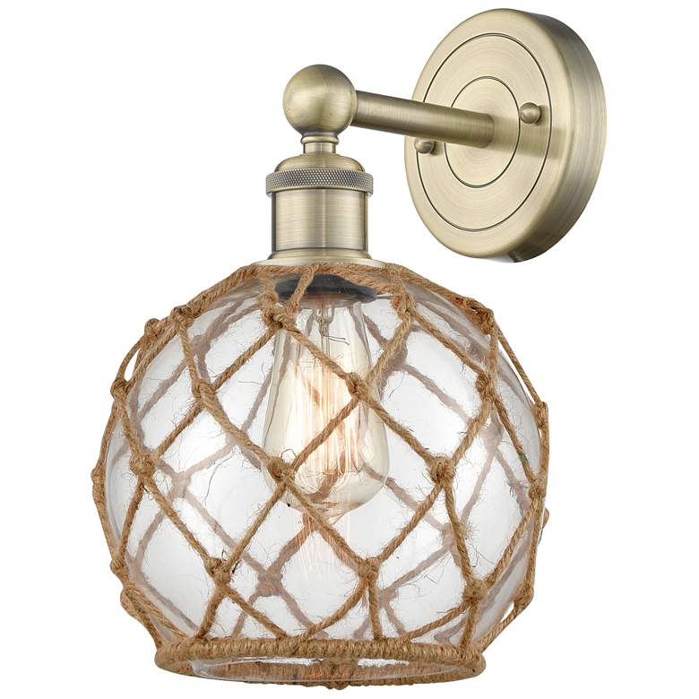 Image 1 Edison Farmhouse Rope 12"H Brass Sconce w/ Clear Glass Brown Shade