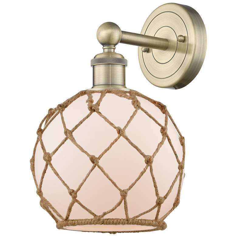 Image 1 Edison Farmhouse Rope 12"H Brass Sconce With White Glass Brown Shade