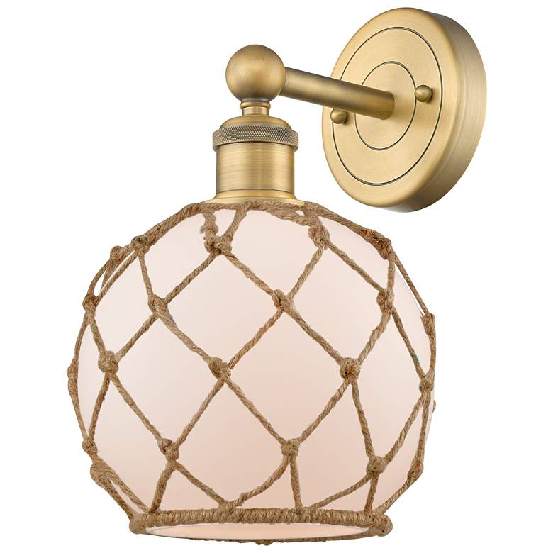 Image 1 Edison Farmhouse Rope 12"H Brushed Brass Sconce w/ White Brown Shade