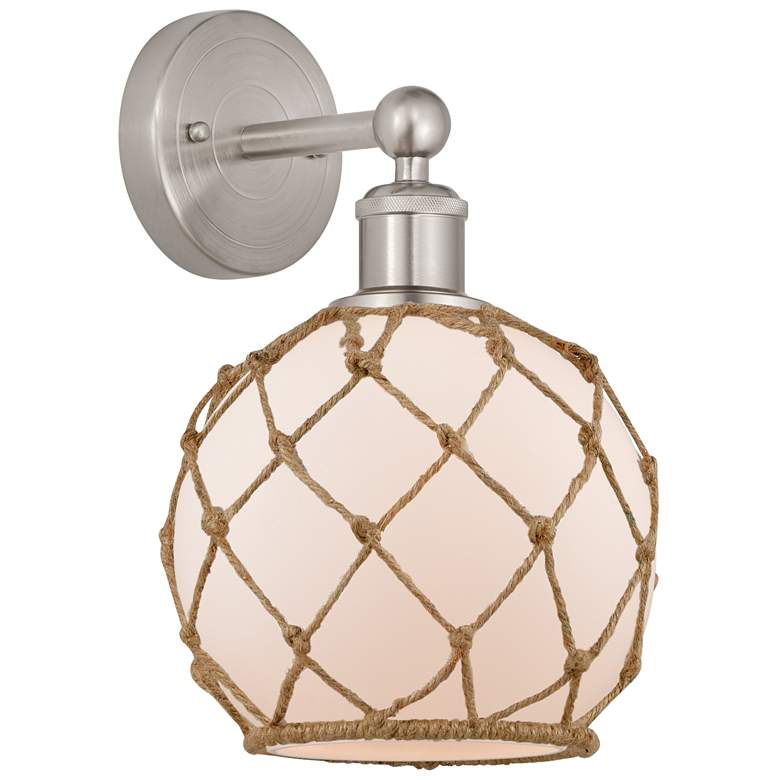 Image 1 Edison Farmhouse Rope 12"H Brushed Nickel Sconce w/ White Brown Shade