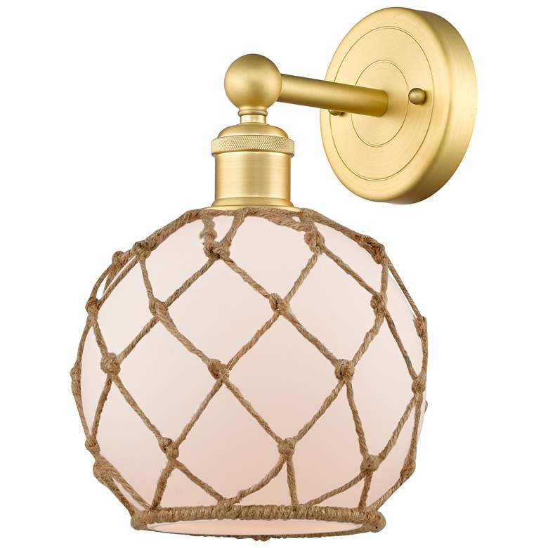 Image 1 Edison Farmhouse Rope 12"H Gold Sconce w/ White Glass Brown Shade