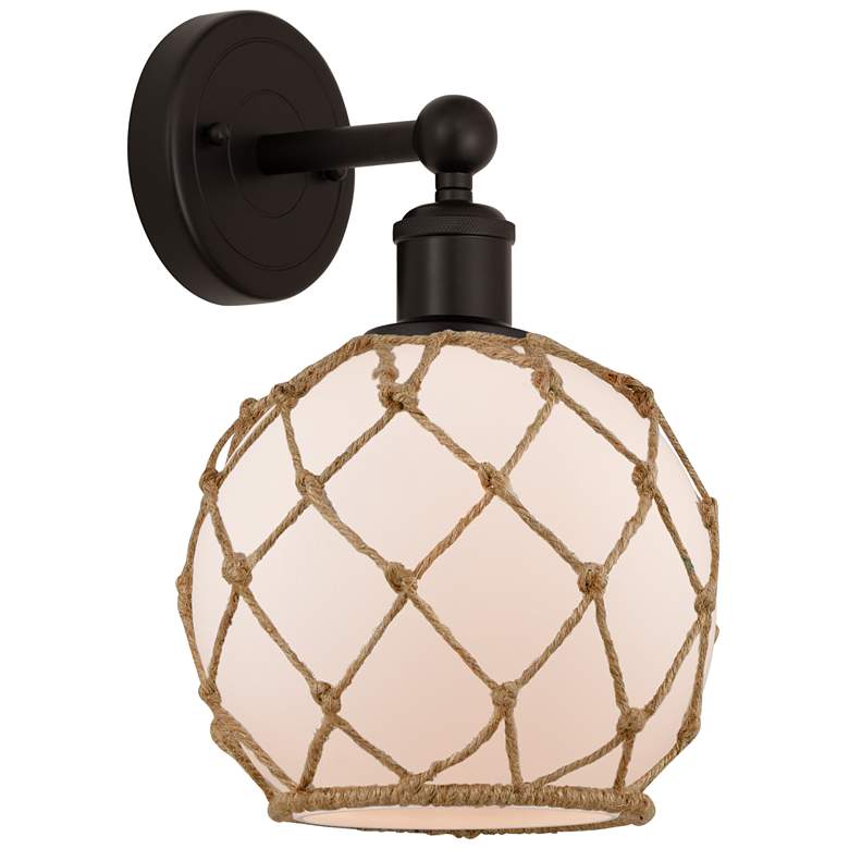 Image 1 Edison Farmhouse Rope 12"H Oiled Bronze Sconce w/ White Brown Shade
