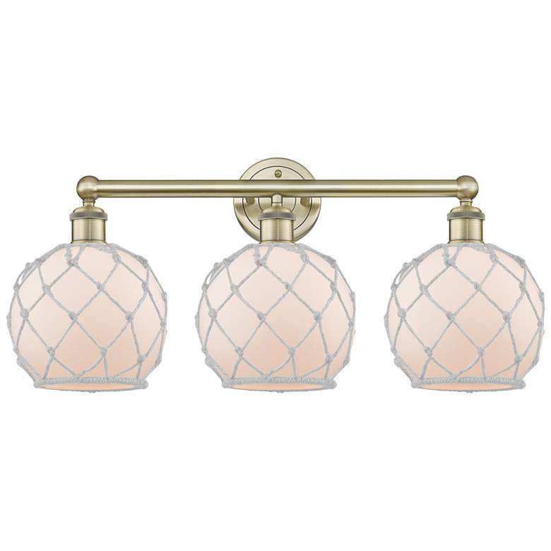 Image 1 Edison Farmhouse Rope 26"W 3 Light Brass Bath Light w/ White Shade