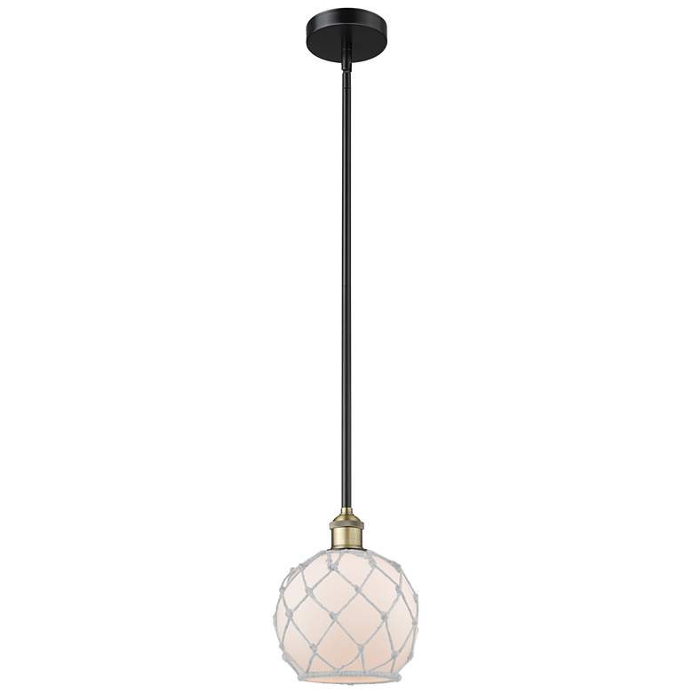 Image 1 Edison Farmhouse Rope 8"W Black Brass Stem Pendant w/ White Shade