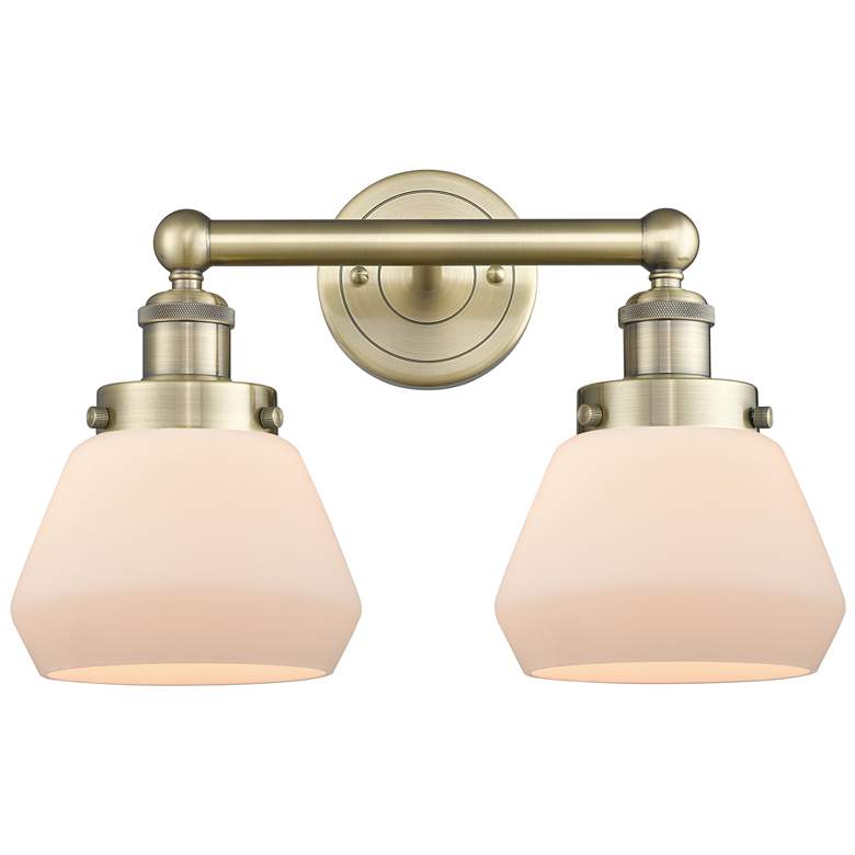 Image 1 Edison Fulton 15.5 inchW 2 Light Antique Brass Bath Light With White Shade