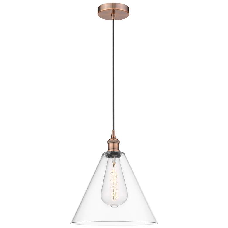 Image 1 Edison Glass Cone 12" Antique Copper Cord Hung Mini Pendant w/ Clear S