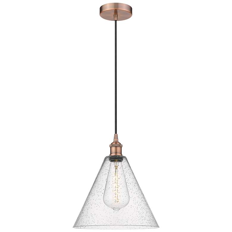 Image 1 Edison Glass Cone 12" Antique Copper Cord Hung Mini Pendant w/ Seedy S