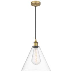 Edison Glass Cone 12" Brushed Brass Cord Hung Mini Pendant w/ Clear Sh