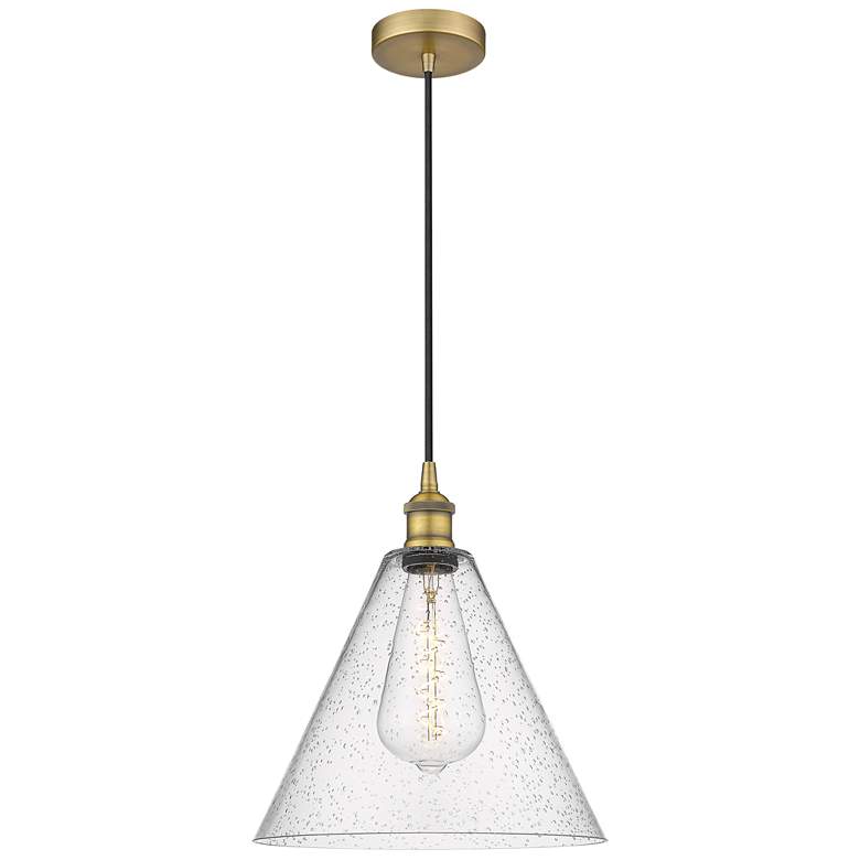 Image 1 Edison Glass Cone 12" Brushed Brass Cord Hung Mini Pendant w/ Seedy Sh