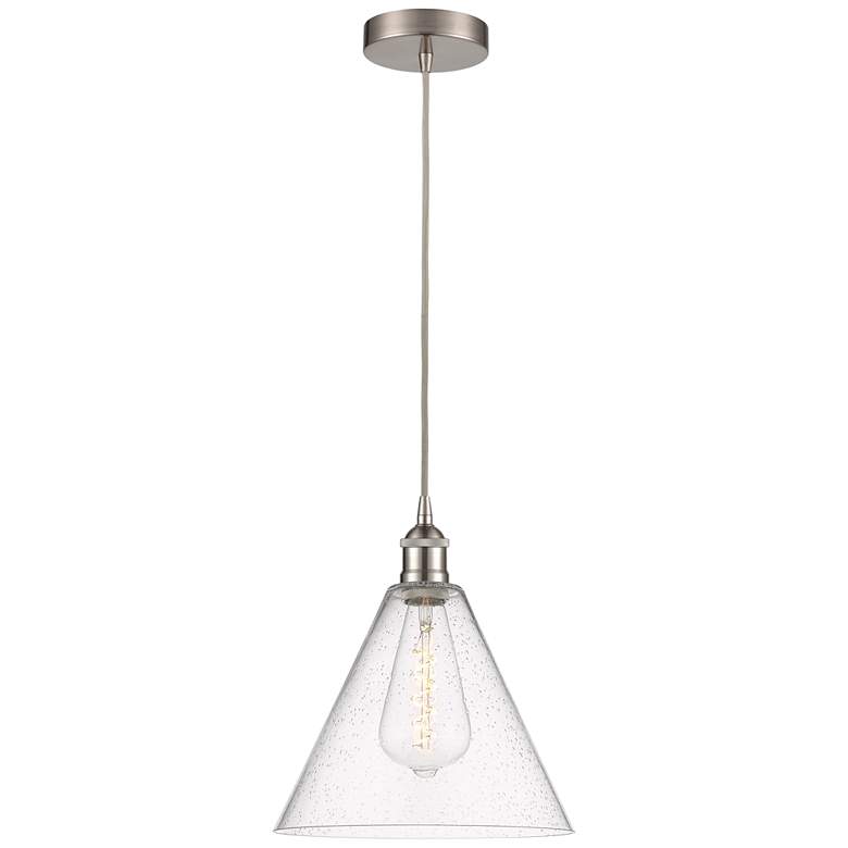 Image 1 Edison Glass Cone 12" Brushed Nickel Corded Mini Pendant w/ Seedy Shad