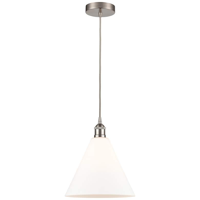 Image 1 Edison Glass Cone 12" Brushed Nickel Corded Mini Pendant w/ White Shad