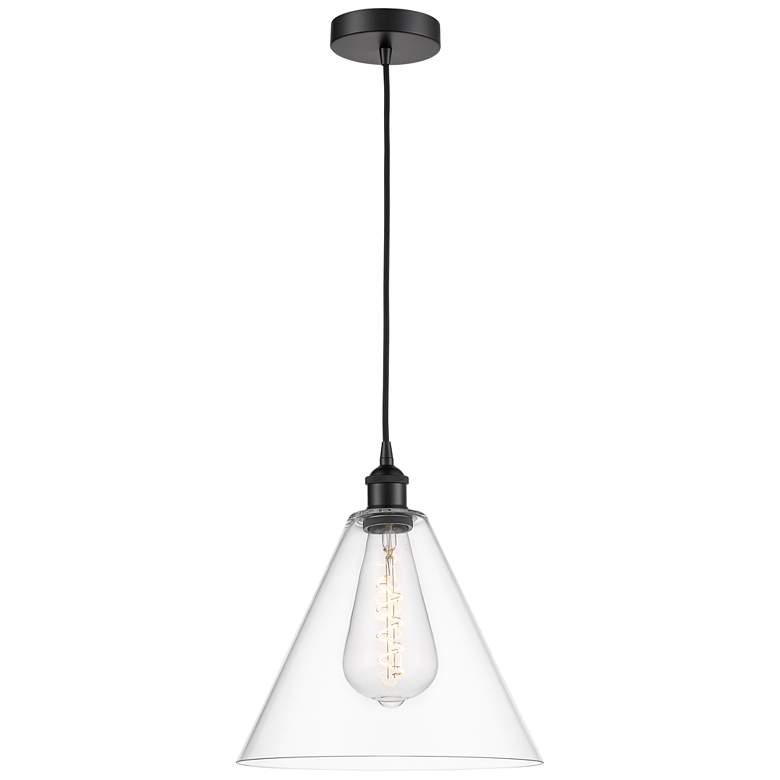 Image 1 Edison Glass Cone 12" Matte Black Cord Hung Mini Pendant w/ Clear Shad