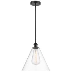 Edison Glass Cone 12" Matte Black Cord Hung Mini Pendant w/ Clear Shad