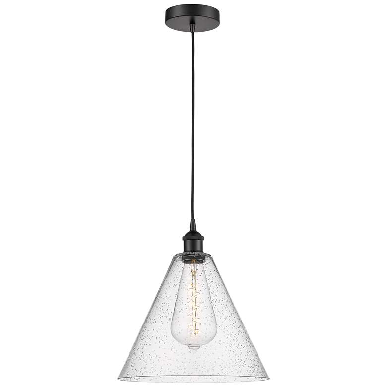Image 1 Edison Glass Cone 12" Matte Black Cord Hung Mini Pendant w/ Seedy Shad