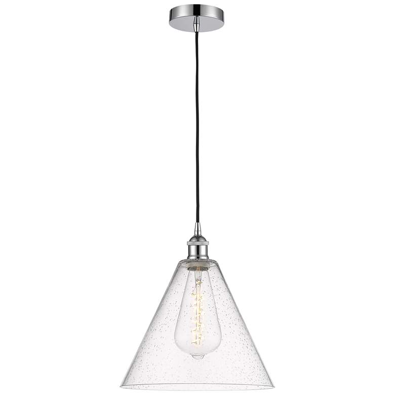 Image 1 Edison Glass Cone 12" Polished Chrome Cord Hung Mini Pendant w/ Seedy