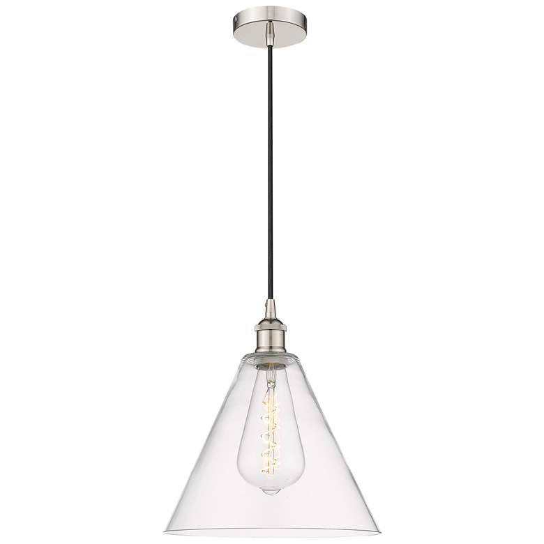 Image 1 Edison Glass Cone 12" Polished Nickel Cord Hung Mini Pendant w/ Clear