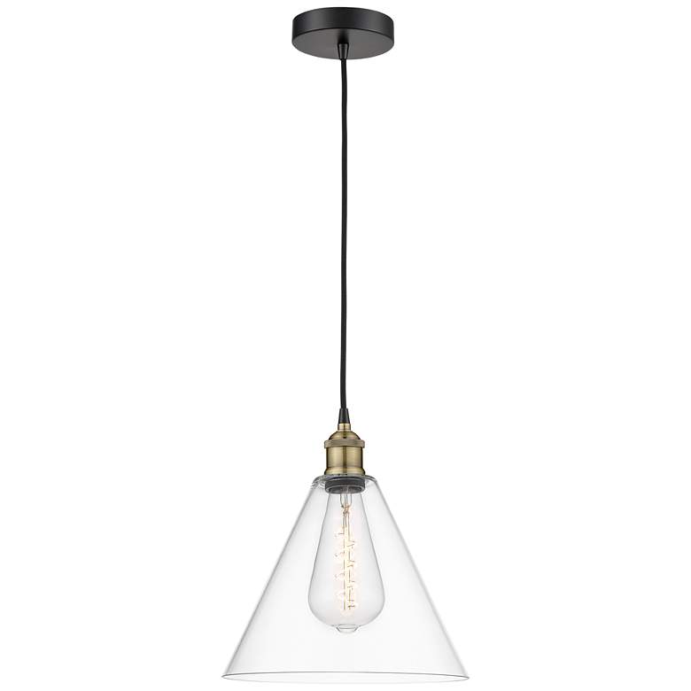 Image 1 Edison Glass Cone 12"W Black Brass Corded Mini Pendant w/ Clear Shade