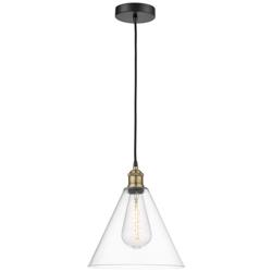 Edison Glass Cone 12"W Black Brass Corded Mini Pendant w/ Clear Shade