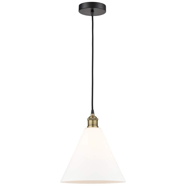 Image 1 Edison Glass Cone 12"W Black Brass Corded Mini Pendant w/ Matte White