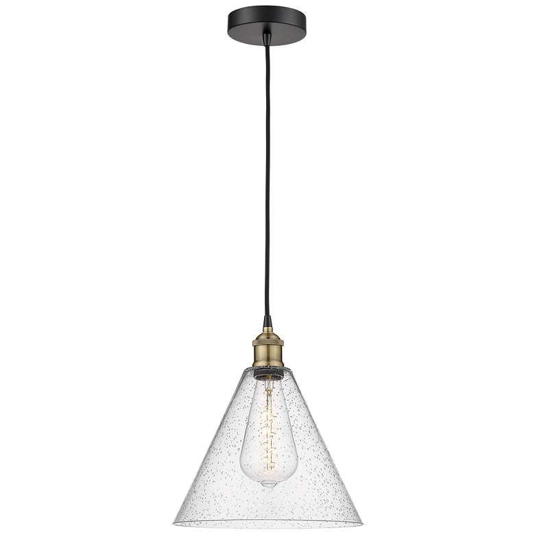 Image 1 Edison Glass Cone 12"W Black Brass Corded Mini Pendant w/ Seedy Shade