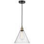 Edison Glass Cone 12"W Black Brass Corded Mini Pendant w/ Seedy Shade