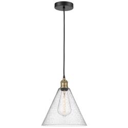 Edison Glass Cone 12"W Black Brass Corded Mini Pendant w/ Seedy Shade