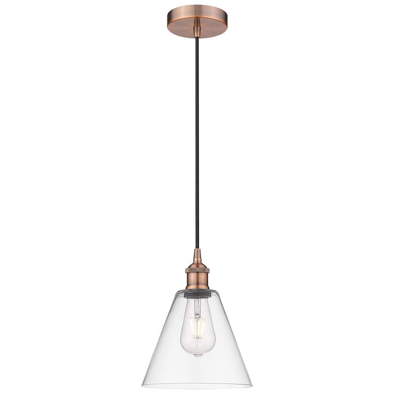 Image 1 Edison Glass Cone 8" Antique Copper Cord Hung Mini Pendant w/ Clear Sh