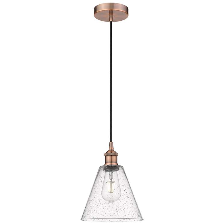Image 1 Edison Glass Cone 8" Antique Copper Cord Hung Mini Pendant w/ Seedy Sh