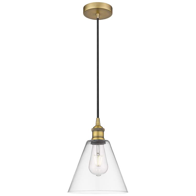 Image 1 Edison Glass Cone 8 inch Brushed Brass Cord Hung Mini Pendant w/ Clear Sha